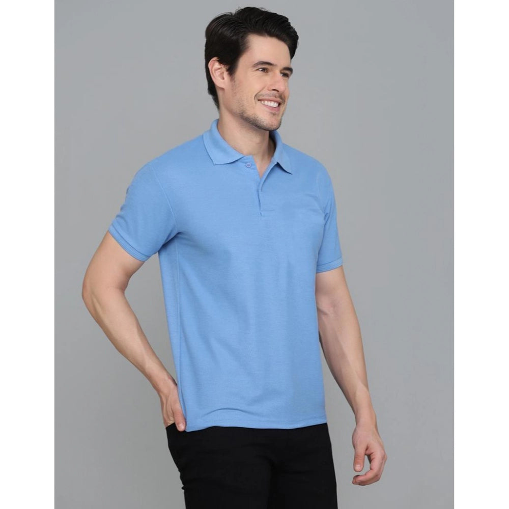 Generic Men's Casual Half Sleeve Solid Cotton Blended Polo Neck T-shirt (Blue)