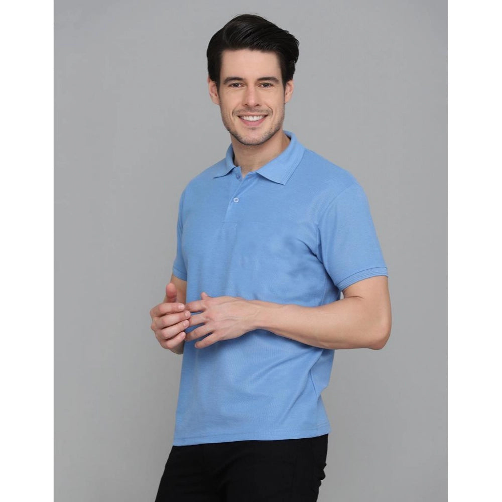 Generic Men's Casual Half Sleeve Solid Cotton Blended Polo Neck T-shirt (Blue)