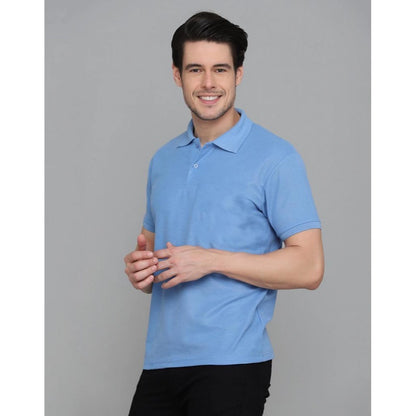 Generic Men's Casual Half Sleeve Solid Cotton Blended Polo Neck T-shirt (Blue)