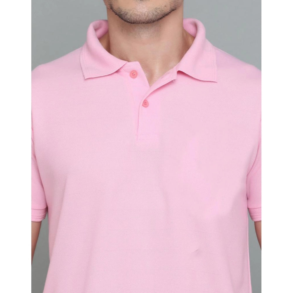 Generic Men's Casual Half Sleeve Solid Cotton Blended Polo Neck T-shirt (Pink)