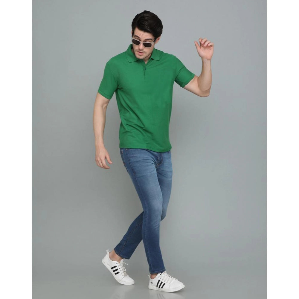 Generic Men's Casual Half Sleeve Solid Cotton Blended Polo Neck T-shirt (Green)