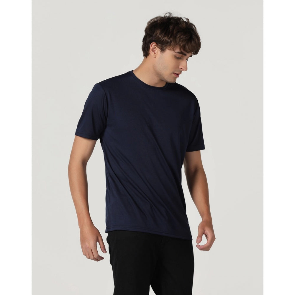 Generic Men's Casual Half Sleeve Solid Polyester Round Neck T-shirt (Navy)