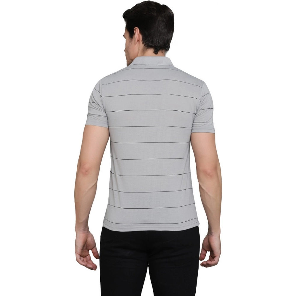 Generic Men's Casual Half Sleeve Striped Cotton Blended Polo Neck T-shirt (L.Grey)