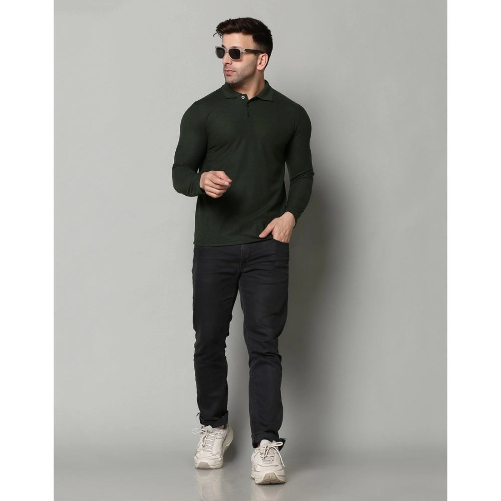 Generic Men's Casual Full Sleeve Solid Cotton Blended Polo Neck T-shirt (B.Green)