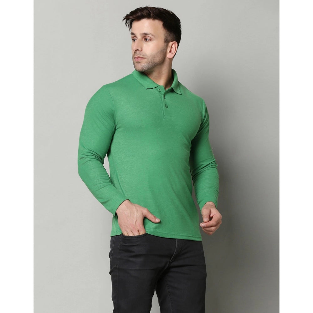 Generic Men's Casual Full Sleeve Solid Cotton Blended Polo Neck T-shirt (P.Green)