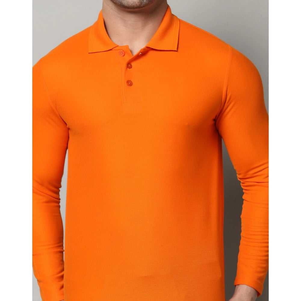 Generic Men's Casual Full Sleeve Solid Cotton Blended Polo Neck T-shirt (Orange)