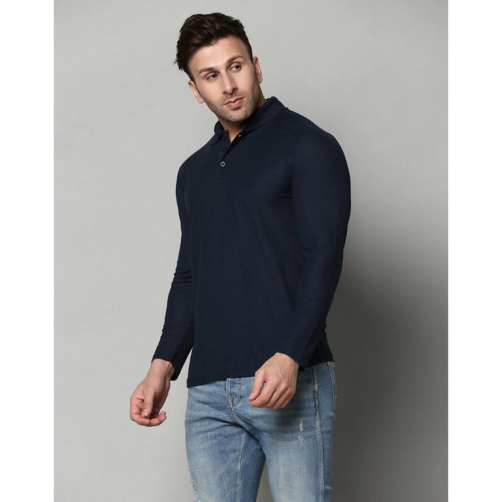 Generic Men's Casual Full Sleeve Solid Cotton Blended Polo Neck T-shirt (Navy)