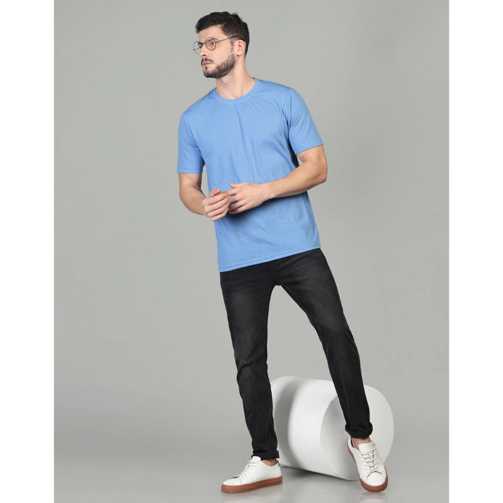 Generic Men's Casual Half Sleeve Solid Cotton Blended Round Neck T-shirt (Sky)