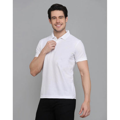 Generic Men's Casual Half Sleeve Solid Cotton Blended Polo Neck T-shirt (White)