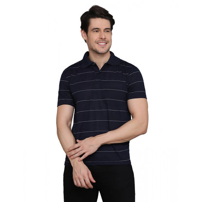 Generic Men's Casual Half Sleeve Striped Cotton Blended Polo Neck T-shirt (Navy)