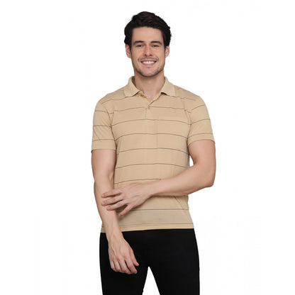 Generic Men's Casual Half Sleeve Striped Cotton Blended Polo Neck T-shirt (L.Beige)