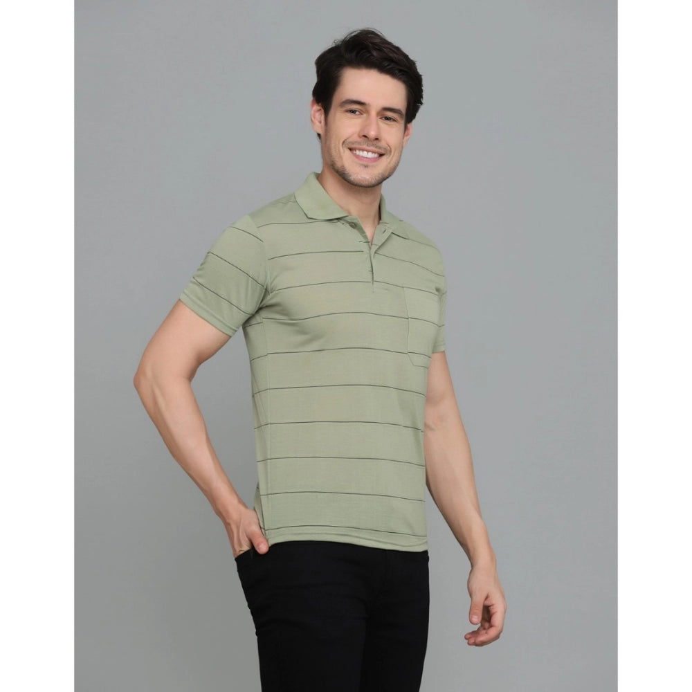 Generic Men's Casual Half Sleeve Striped Cotton Blended Polo Neck T-shirt (L.Green)