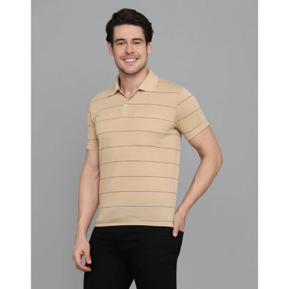 Generic Men's Casual Half Sleeve Striped Cotton Blended Polo Neck T-shirt (L.Beige)