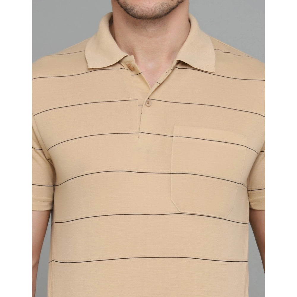 Generic Men's Casual Half Sleeve Striped Cotton Blended Polo Neck T-shirt (L.Beige)