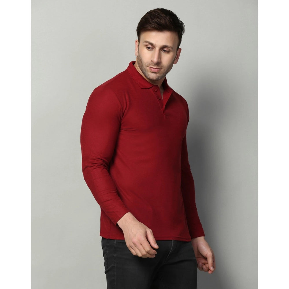 Generic Men's Casual Full Sleeve Solid Cotton Blended Polo Neck T-shirt (Maroon)