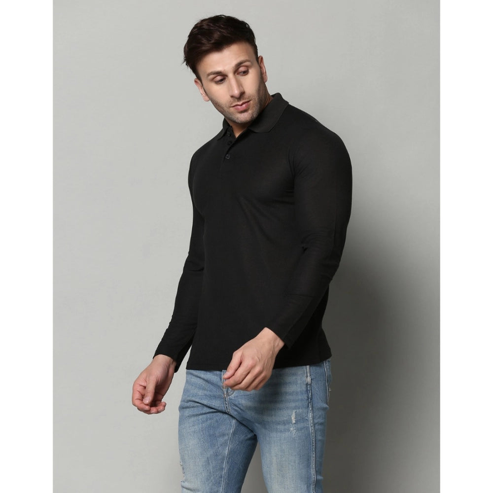 Generic Men's Casual Full Sleeve Solid Cotton Blended Polo Neck T-shirt (Black)