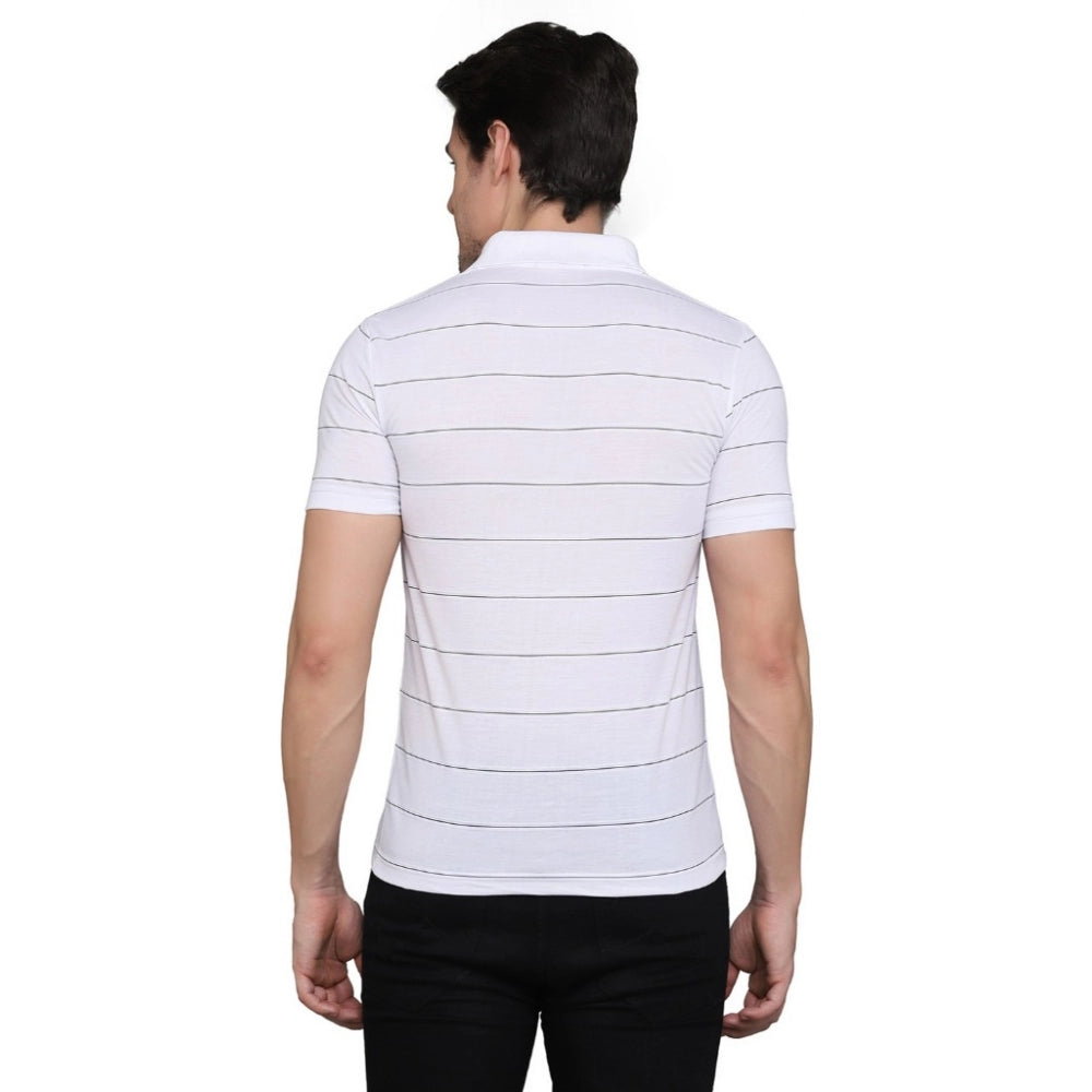 Generic Men's Casual Half Sleeve Striped Cotton Blended Polo Neck T-shirt (White)