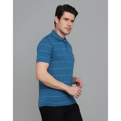 Generic Men's Casual Half Sleeve Striped Cotton Blended Polo Neck T-shirt (Teel Blue)