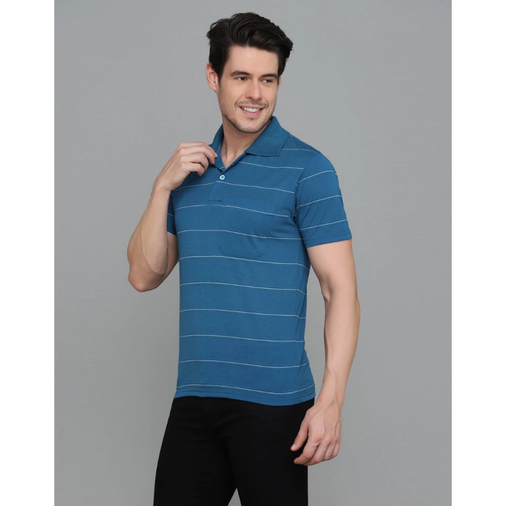 Generic Men's Casual Half Sleeve Striped Cotton Blended Polo Neck T-shirt (Teel Blue)