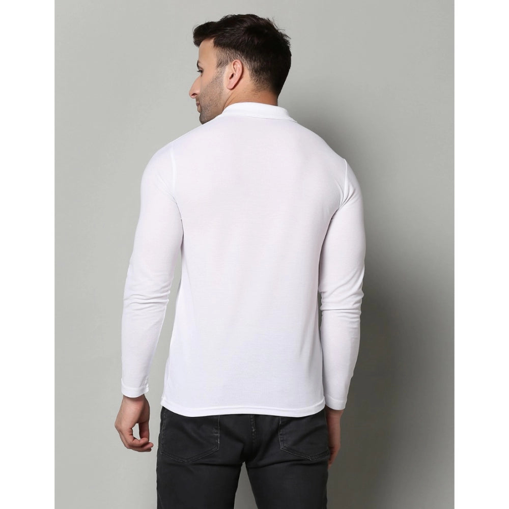 Generic Men's Casual Full Sleeve Solid Cotton Blended Polo Neck T-shirt (White)