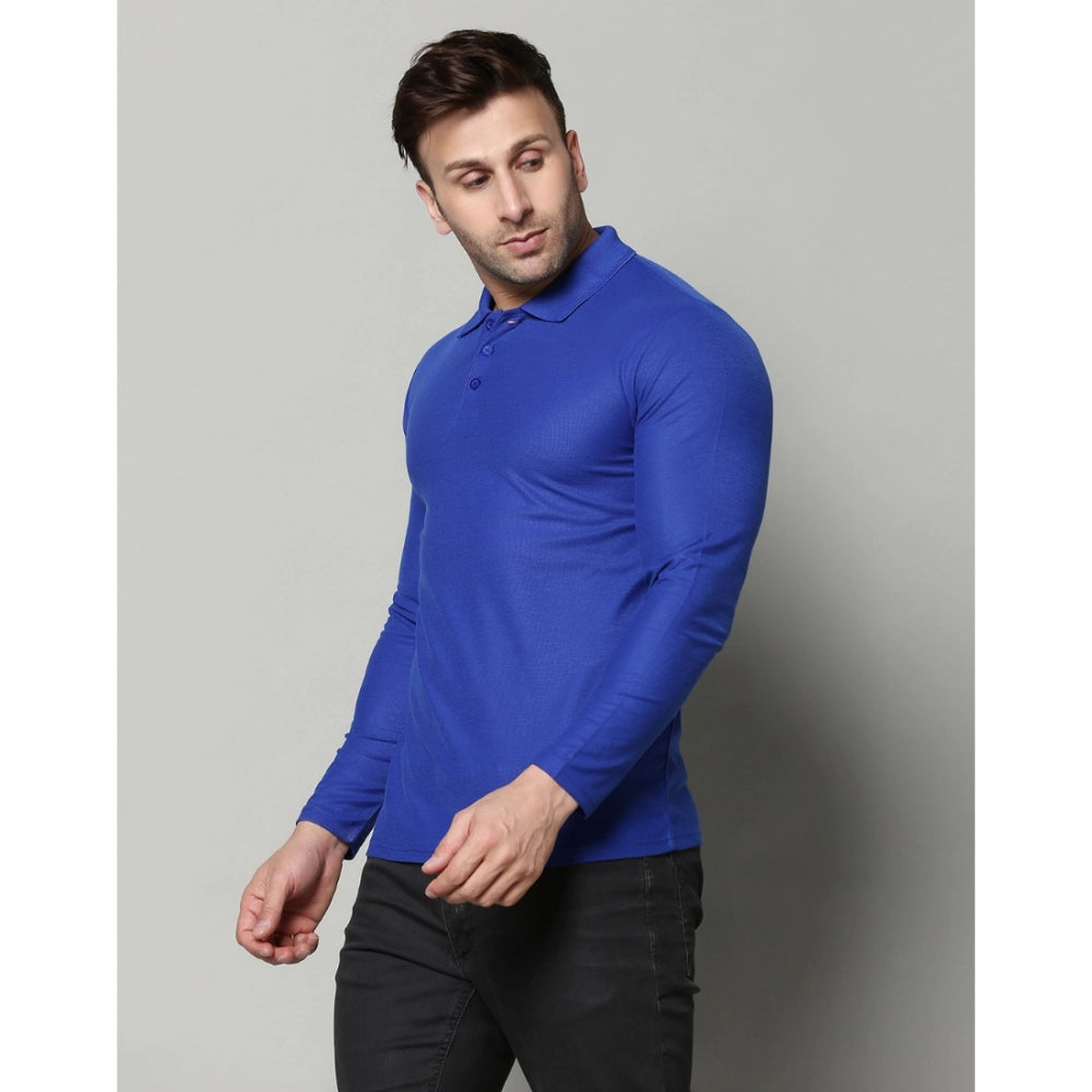 Generic Men's Casual Full Sleeve Solid Cotton Blended Polo Neck T-shirt (Royal)