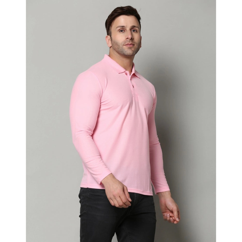 Generic Men's Casual Full Sleeve Solid Cotton Blended Polo Neck T-shirt (Pink)