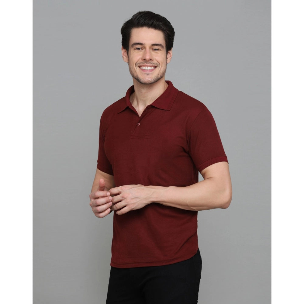 Generic Men's Casual Half Sleeve Solid Cotton Blended Polo Neck T-shirt (Maroon)