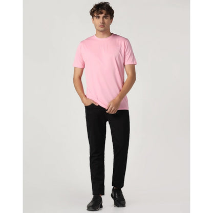 Generic Men's Casual Half Sleeve Solid Polyester Round Neck T-shirt (Pink)