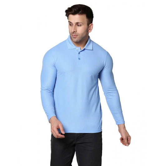 Generic Men's Casual Full Sleeve Solid Cotton Blended Polo Neck T-shirt (Sky)