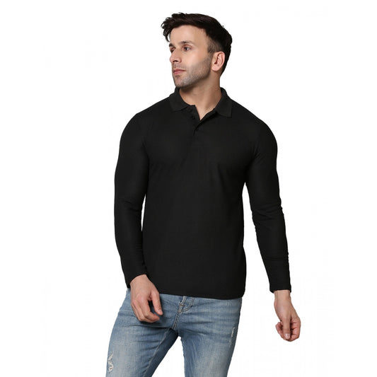 Generic Men's Casual Full Sleeve Solid Cotton Blended Polo Neck T-shirt (Black)