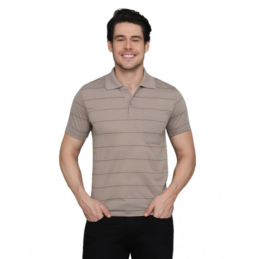 Generic Men's Casual Half Sleeve Striped Cotton Blended Polo Neck T-shirt (Beige)