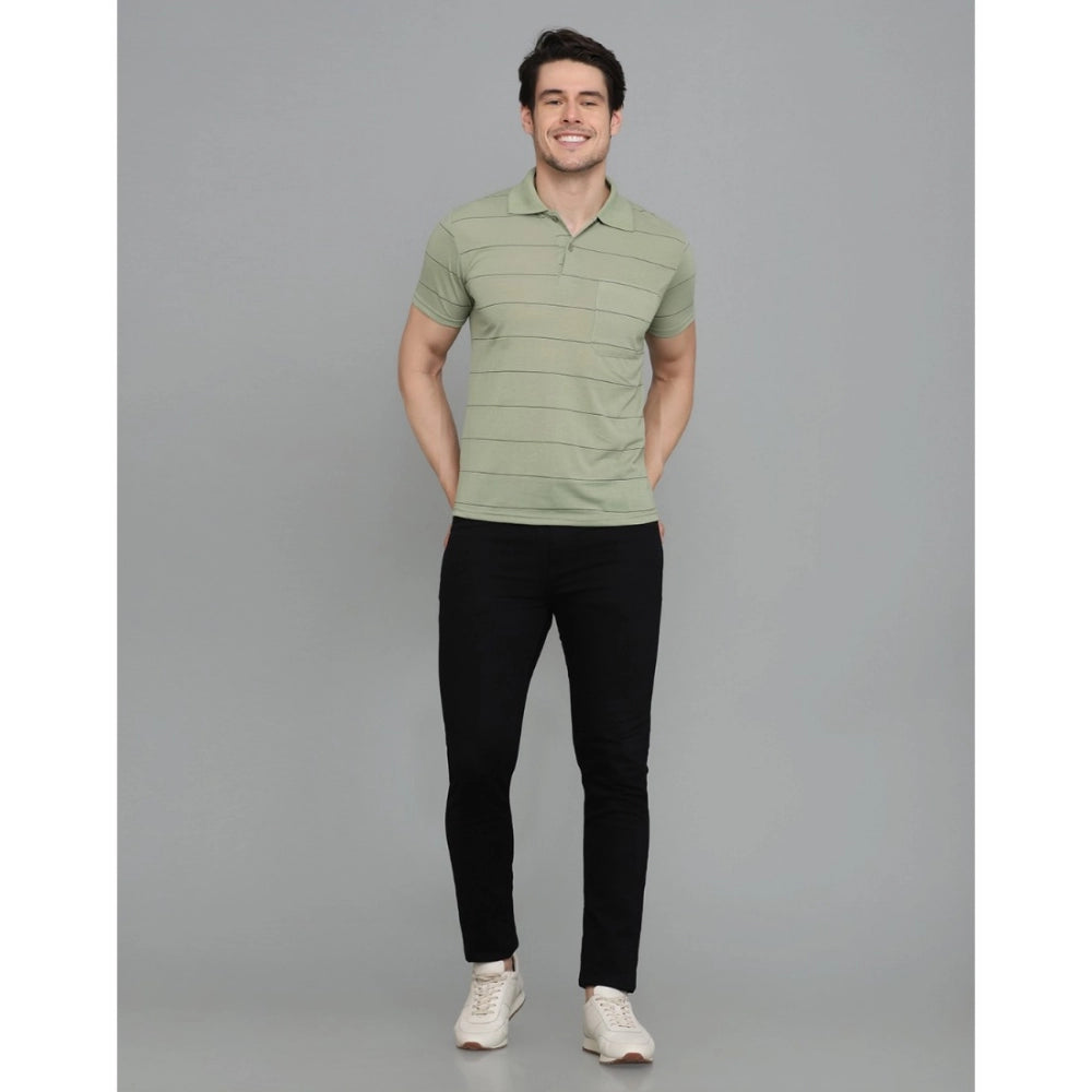 Generic Men's Casual Half Sleeve Striped Cotton Blended Polo Neck T-shirt (L.Green)