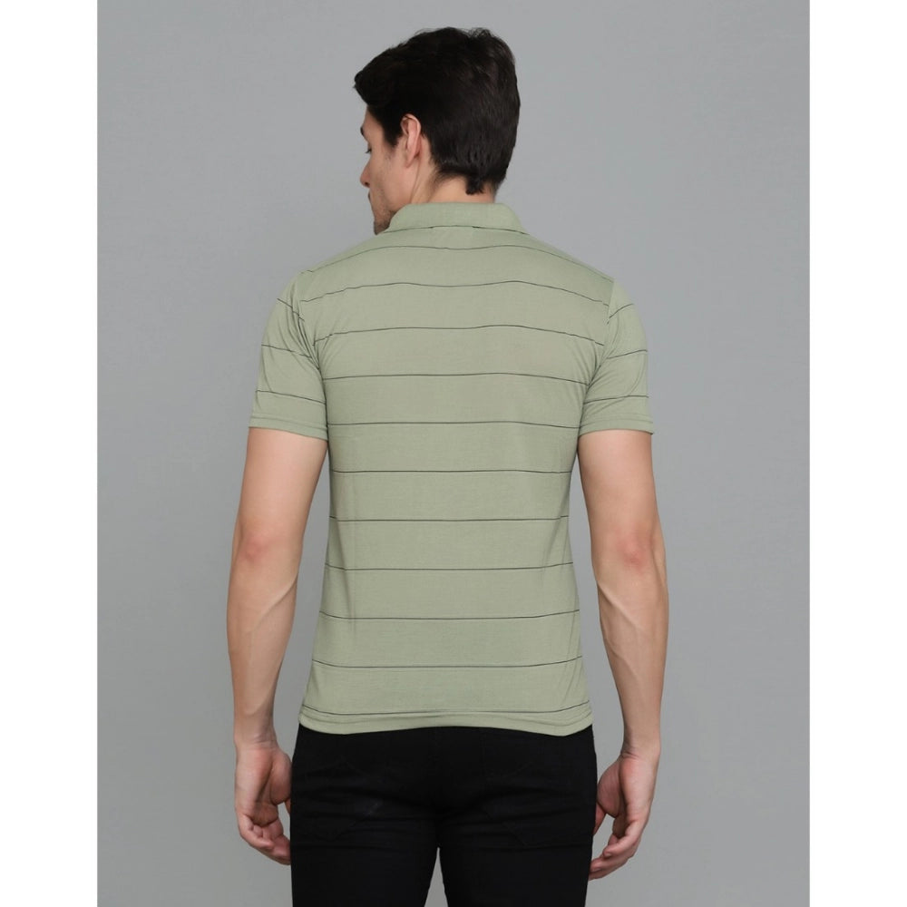 Generic Men's Casual Half Sleeve Striped Cotton Blended Polo Neck T-shirt (L.Green)