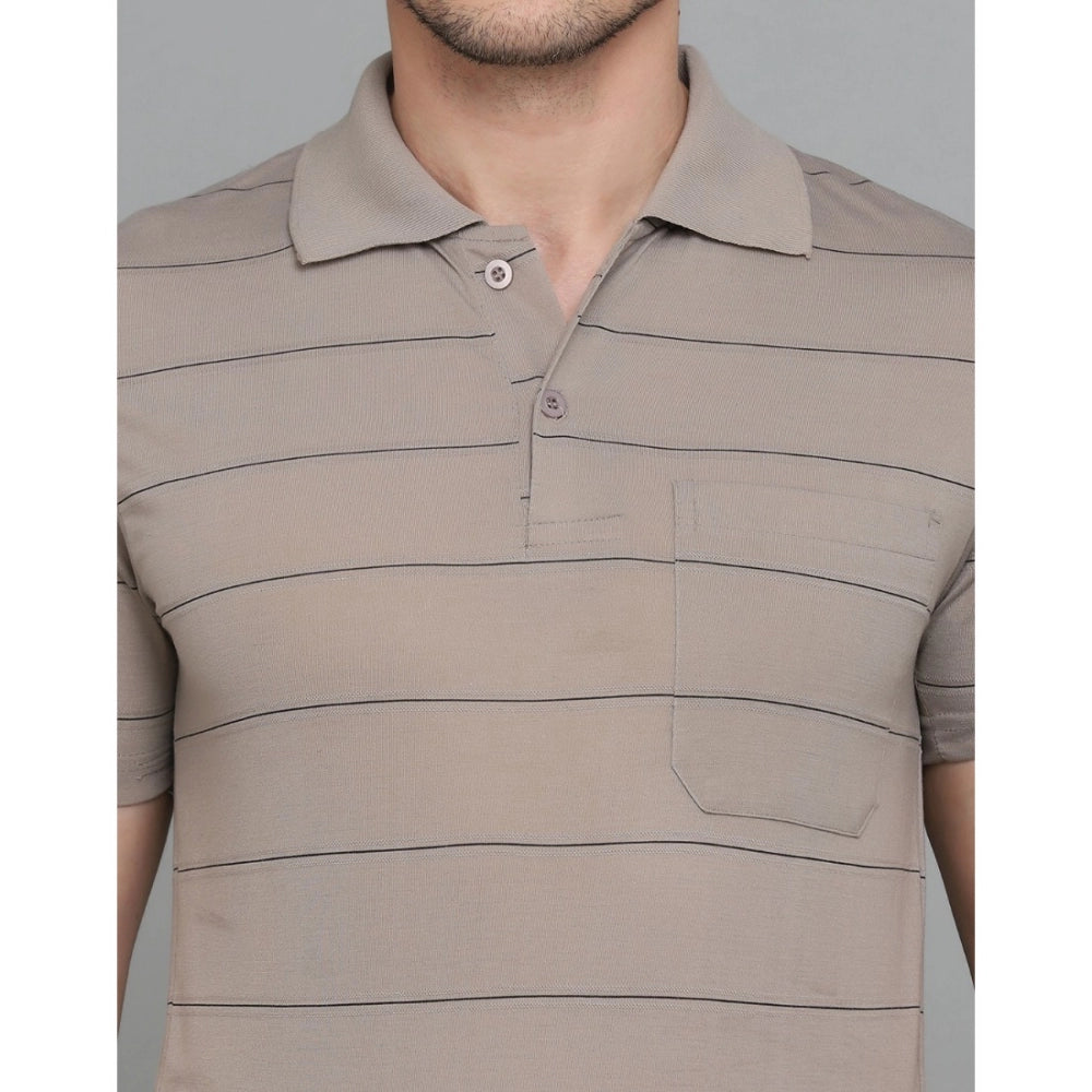 Generic Men's Casual Half Sleeve Striped Cotton Blended Polo Neck T-shirt (Beige)