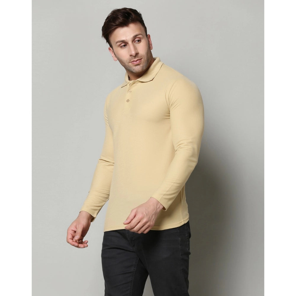 Generic Men's Casual Full Sleeve Solid Cotton Blended Polo Neck T-shirt (Beige)