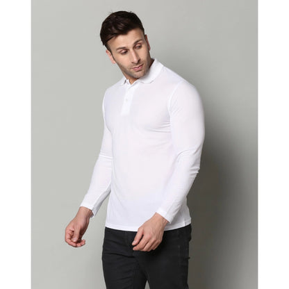 Generic Men's Casual Full Sleeve Solid Cotton Blended Polo Neck T-shirt (White)