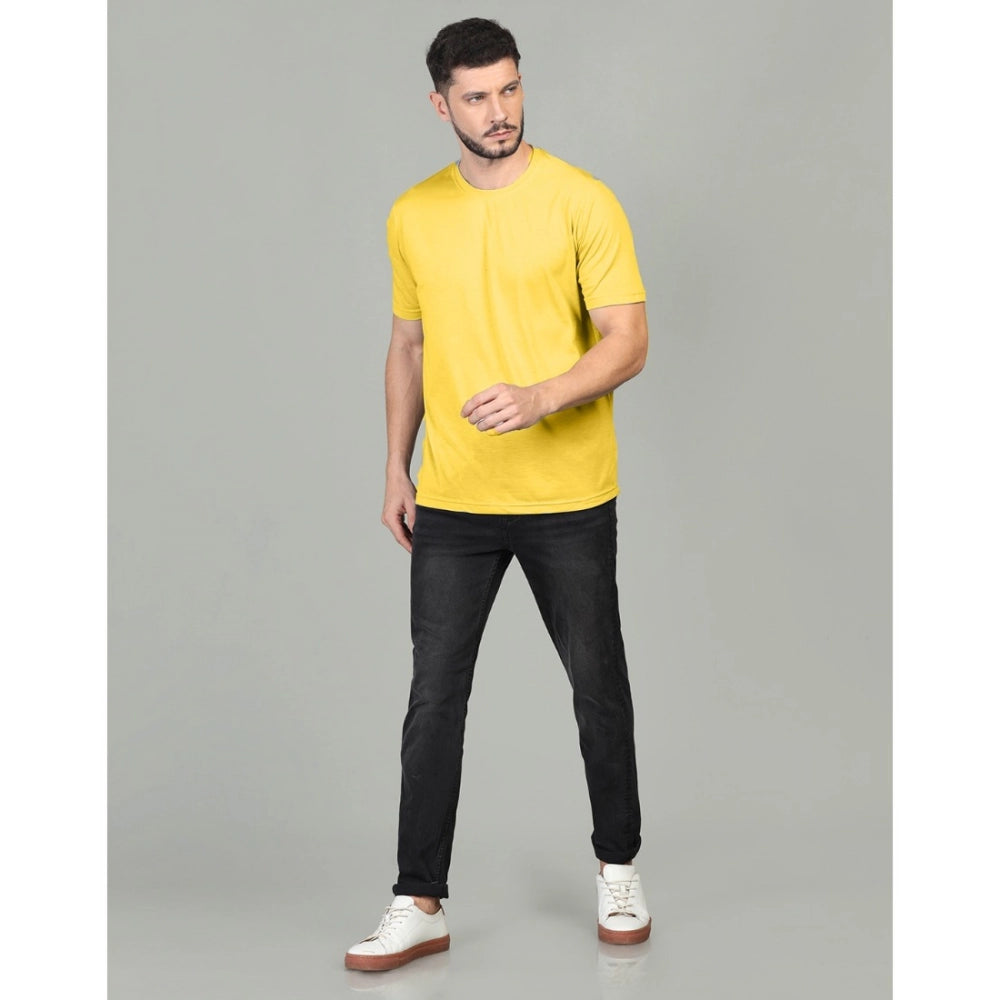 Generic Men's Casual Half Sleeve Solid Cotton Blended Round Neck T-shirt (Yellow)