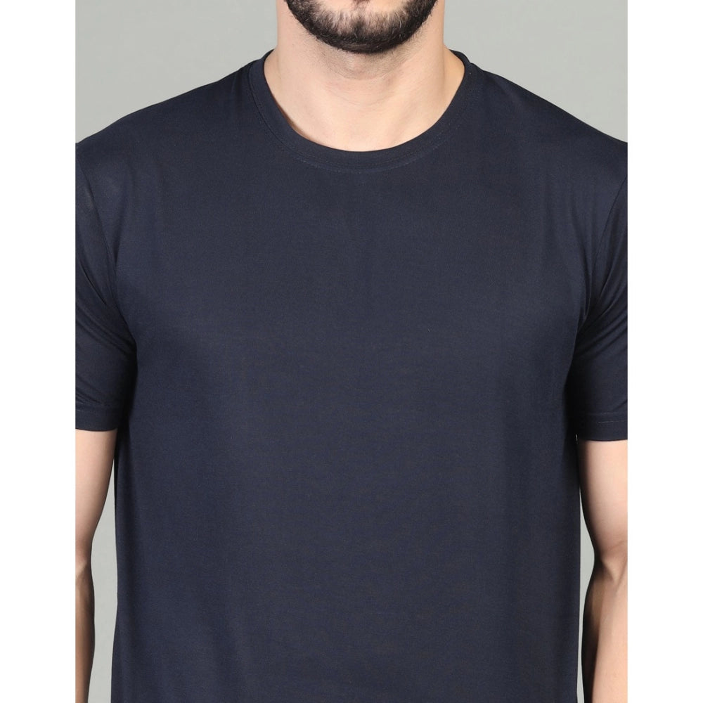 Generic Men's Casual Half Sleeve Solid Cotton Blended Round Neck T-shirt (Dark Blue)