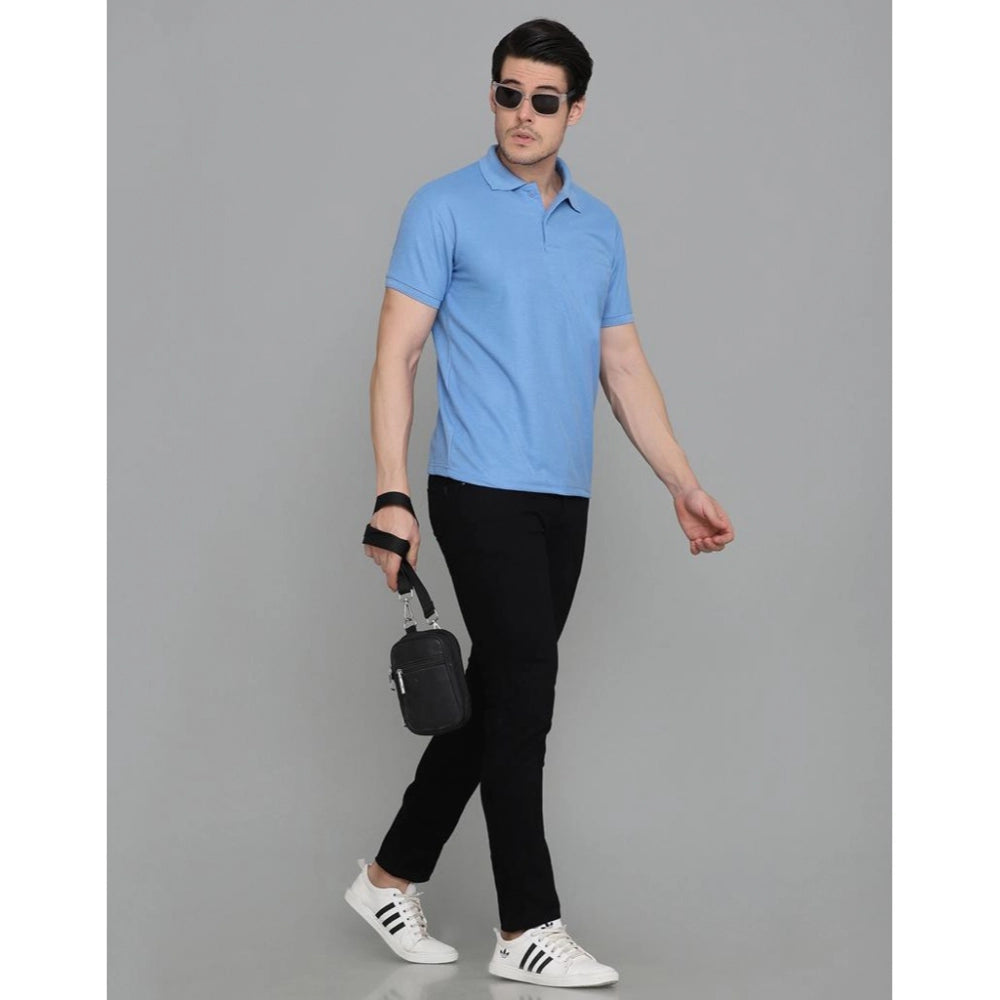 Generic Men's Casual Half Sleeve Solid Cotton Blended Polo Neck T-shirt (Blue)