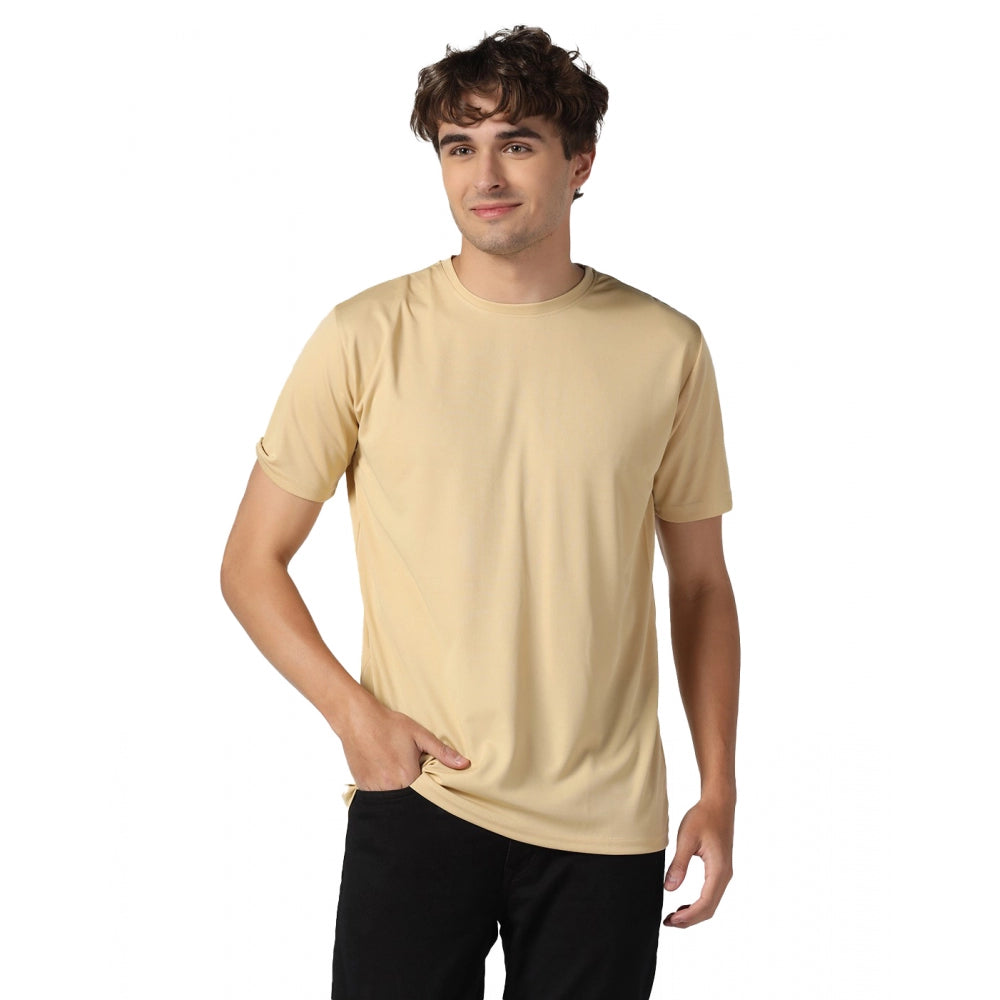 Generic Men's Casual Half Sleeve Solid Polyester Round Neck T-shirt (Beige)