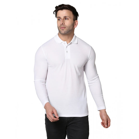 Generic Men's Casual Full Sleeve Solid Cotton Blended Polo Neck T-shirt (White)