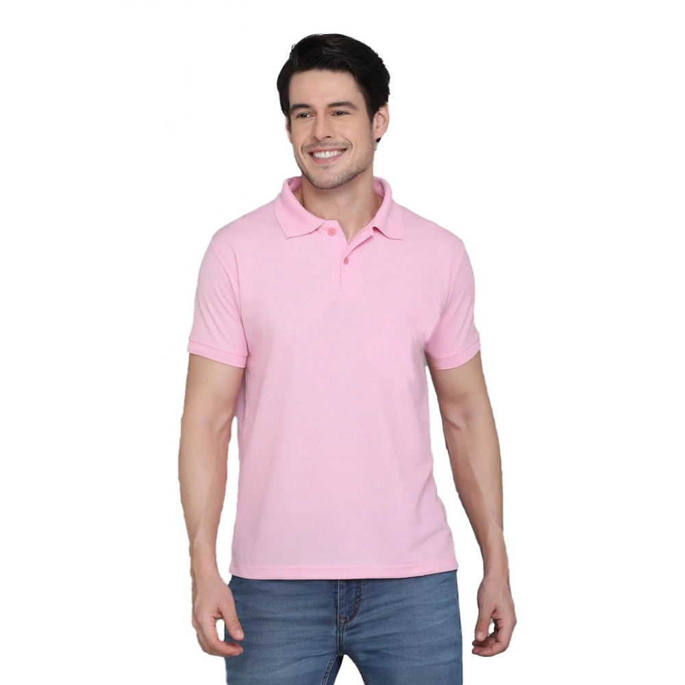 Generic Men's Casual Half Sleeve Solid Cotton Blended Polo Neck T-shirt (Pink)