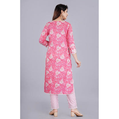 Generic Women's Casual 3/4 Sleeve Embroidered Rayon Kurti With Pant And Dupatta Set (Pink)