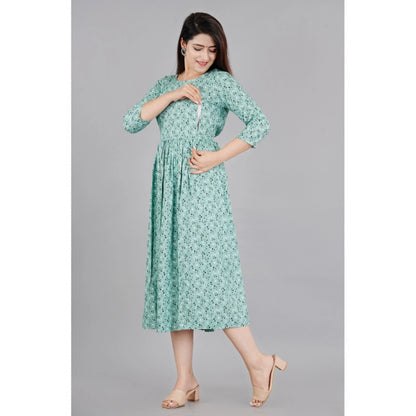 Generic Women's Casual 3/4 Sleeve Printed Viscose Maternity Feeding Kurti (Green)