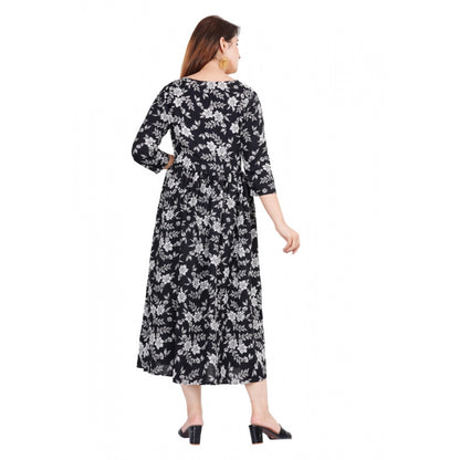 Generic Women's Casual 3/4 Sleeve Printed Viscose Maternity Feeding Kurti (Black)