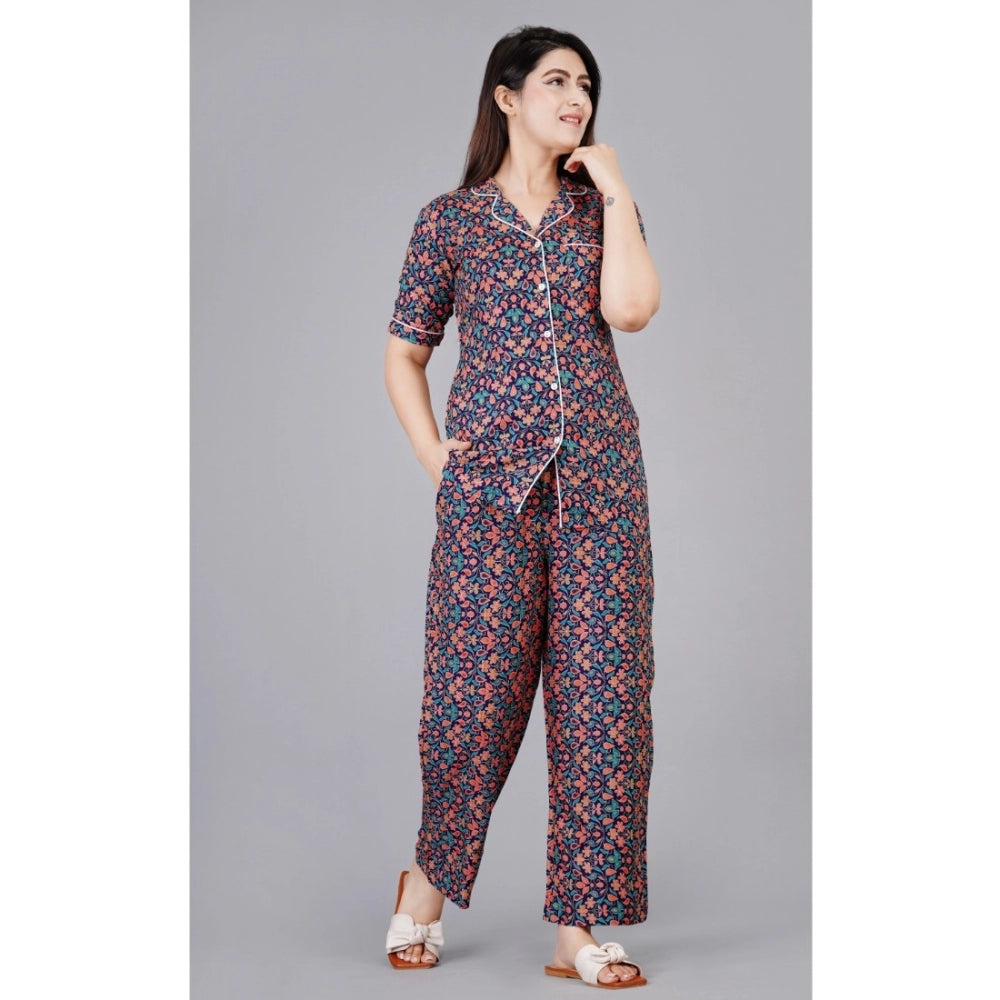 Generic Women's Casual Half Sleeve Printed Viscose Rayon Shirt With Pyjama Pant Night Suit Set (Blue)