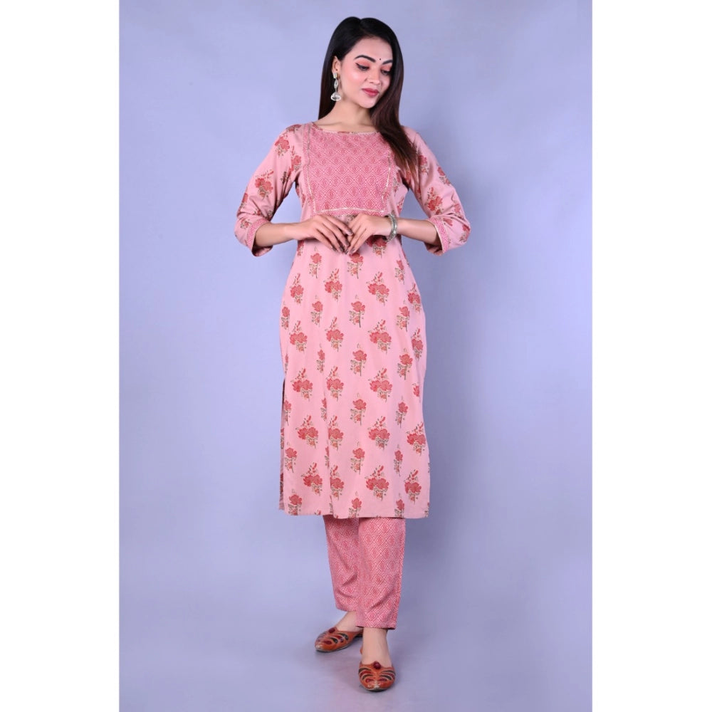 Generic Women's Casual 3/4 Sleeve Printed Rayon Kurti With Pant Set (Pink)