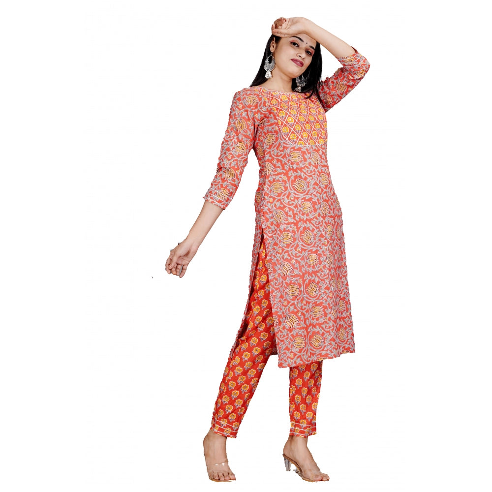 Generic Women's Casual 3/4 Sleeve Printed Rayon Kurti With Pant Set (Peach)