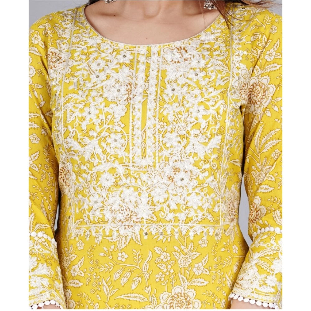 Generic Women's Casual 3/4 Sleeve Embroidered Rayon Kurti With Pant And Dupatta Set (Yellow)