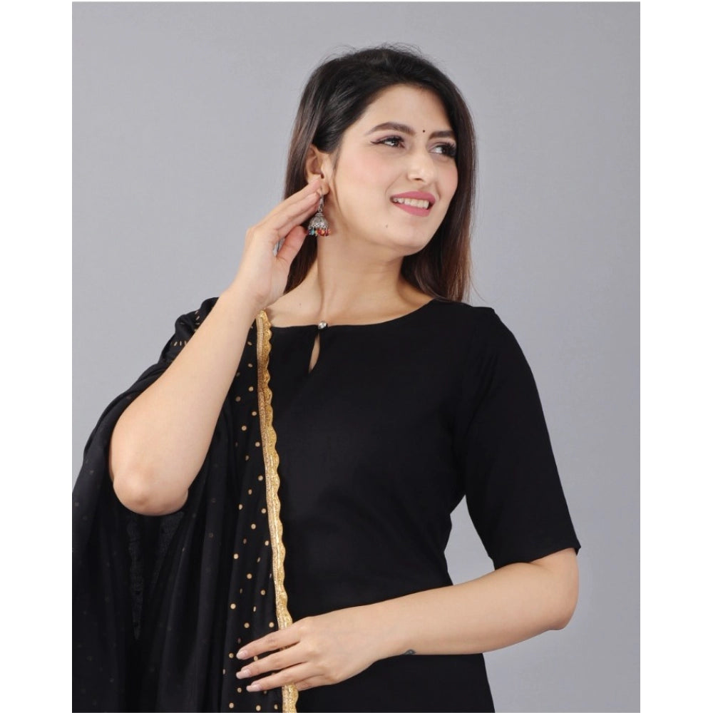 Generic Women's Casual Half Sleeve Solid Rayon Kurti With Pant And Dupatta Set (Black)